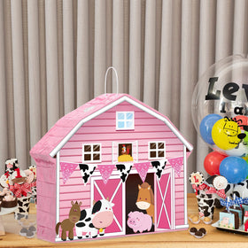 Faccito party setup scene with barnyard motif and confetti-ready fillers.