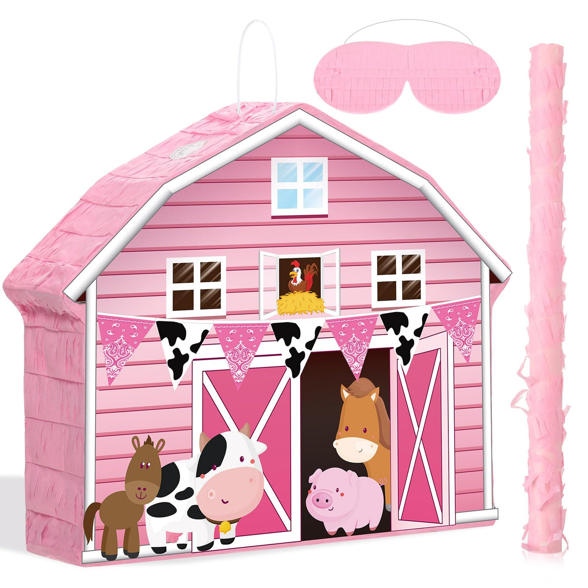 Faccito pink farm pinata barnyard ready to hang for a lively farm-themed party.