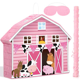 Faccito pink farm pinata barnyard ready to hang for a lively farm-themed party.