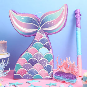 Undersea party setup featuring Faccito mermaid decorations.