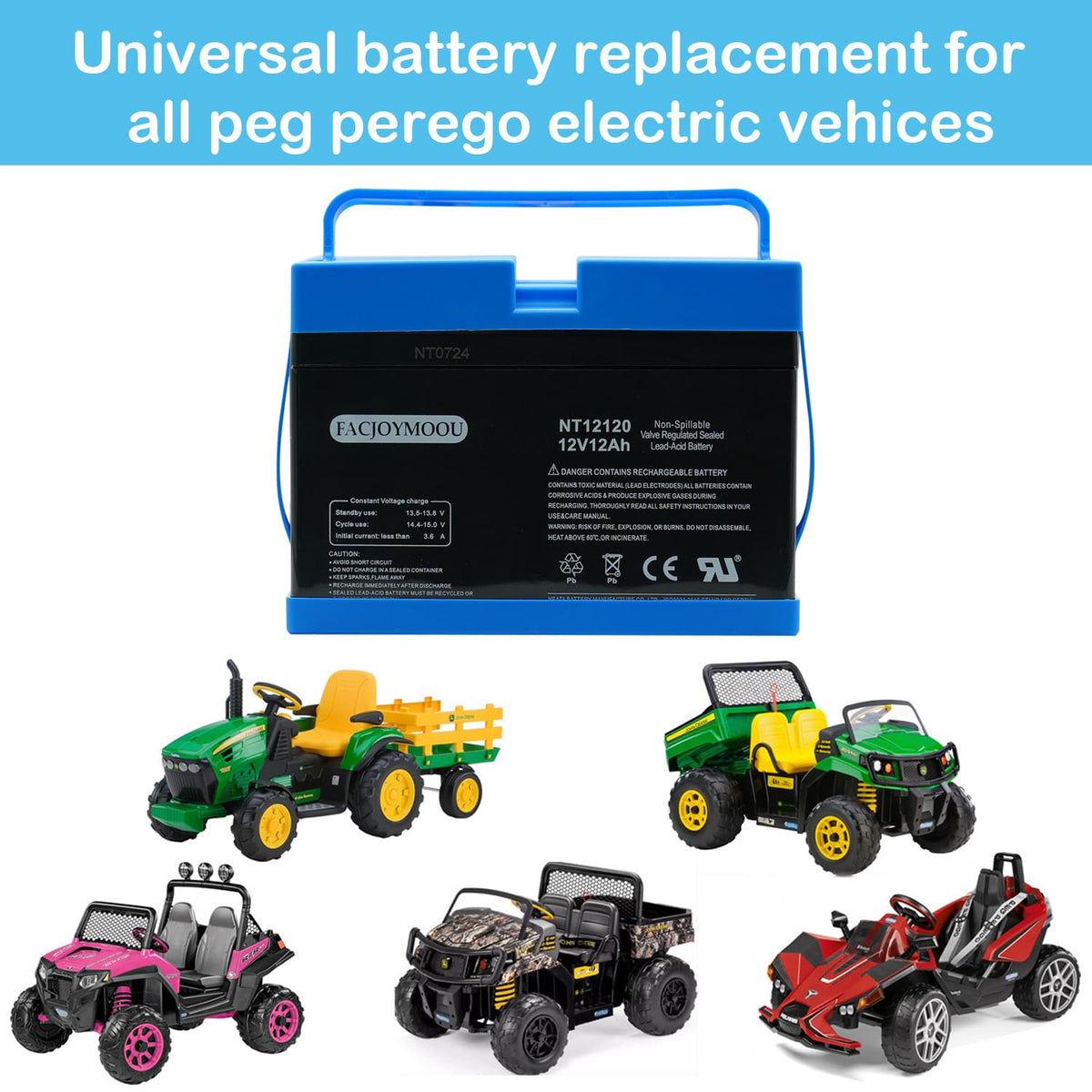 FACJOYMOOU 12V battery for Peg Perego John Deere loader quick swap