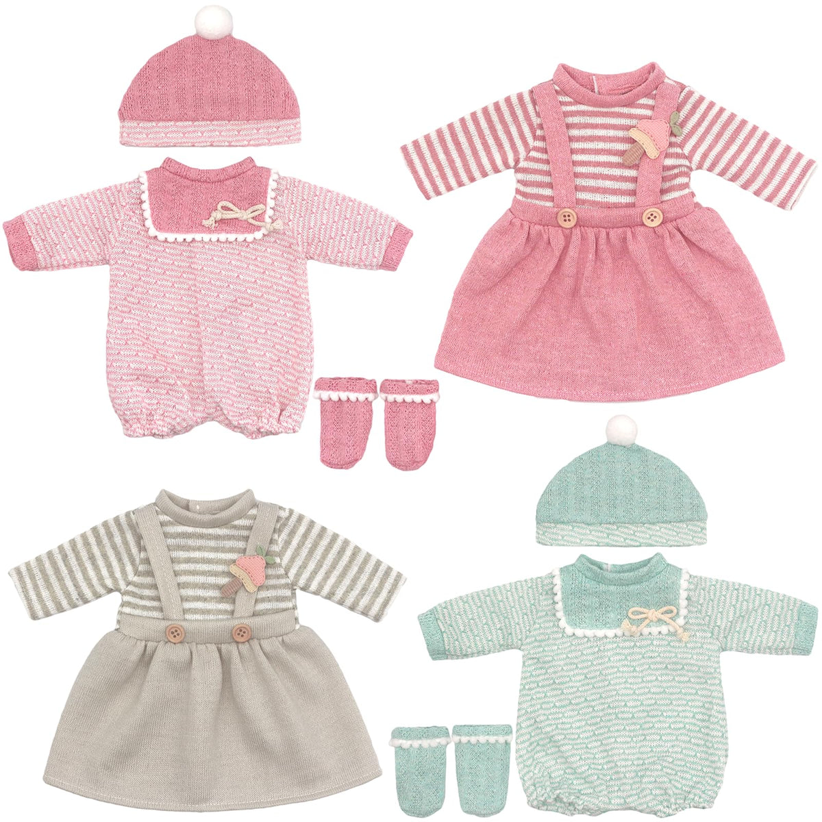 FADALEA 4-pack doll clothes with dress, hat, and socks for easy outfit changes.