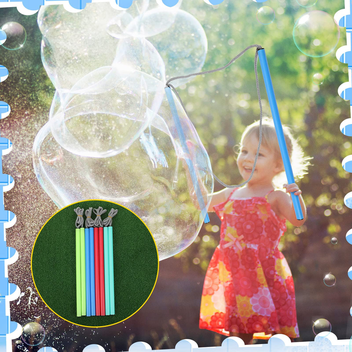 FairySandy giant bubble wand blue supports fun, creative bubble science outdoors.