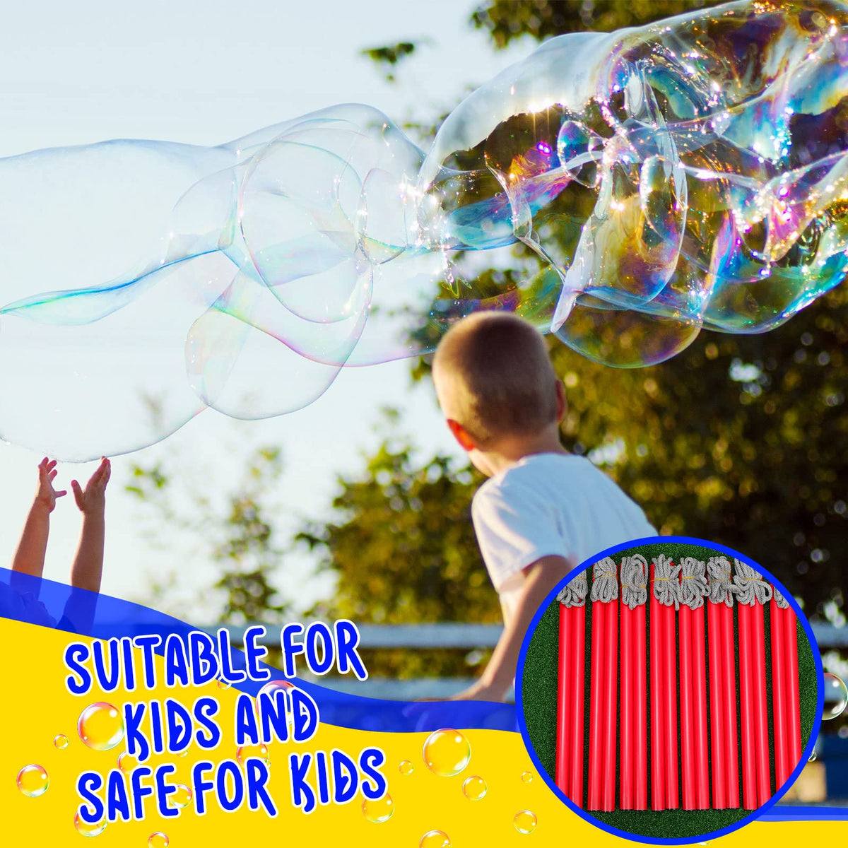 FairySandy red giant bubble wands outdoors with kids and adults