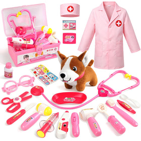 Fajiabao doctor kit for toddlers with coat and stethoscope supports immersive pretend doctor play.