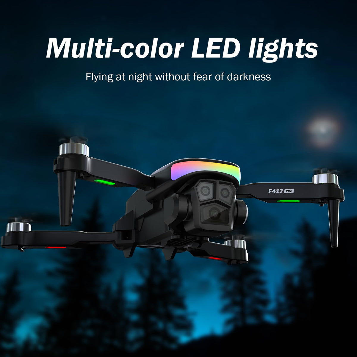 FAKJANK F417PRO LED night flight highlighting vibrant sky visuals