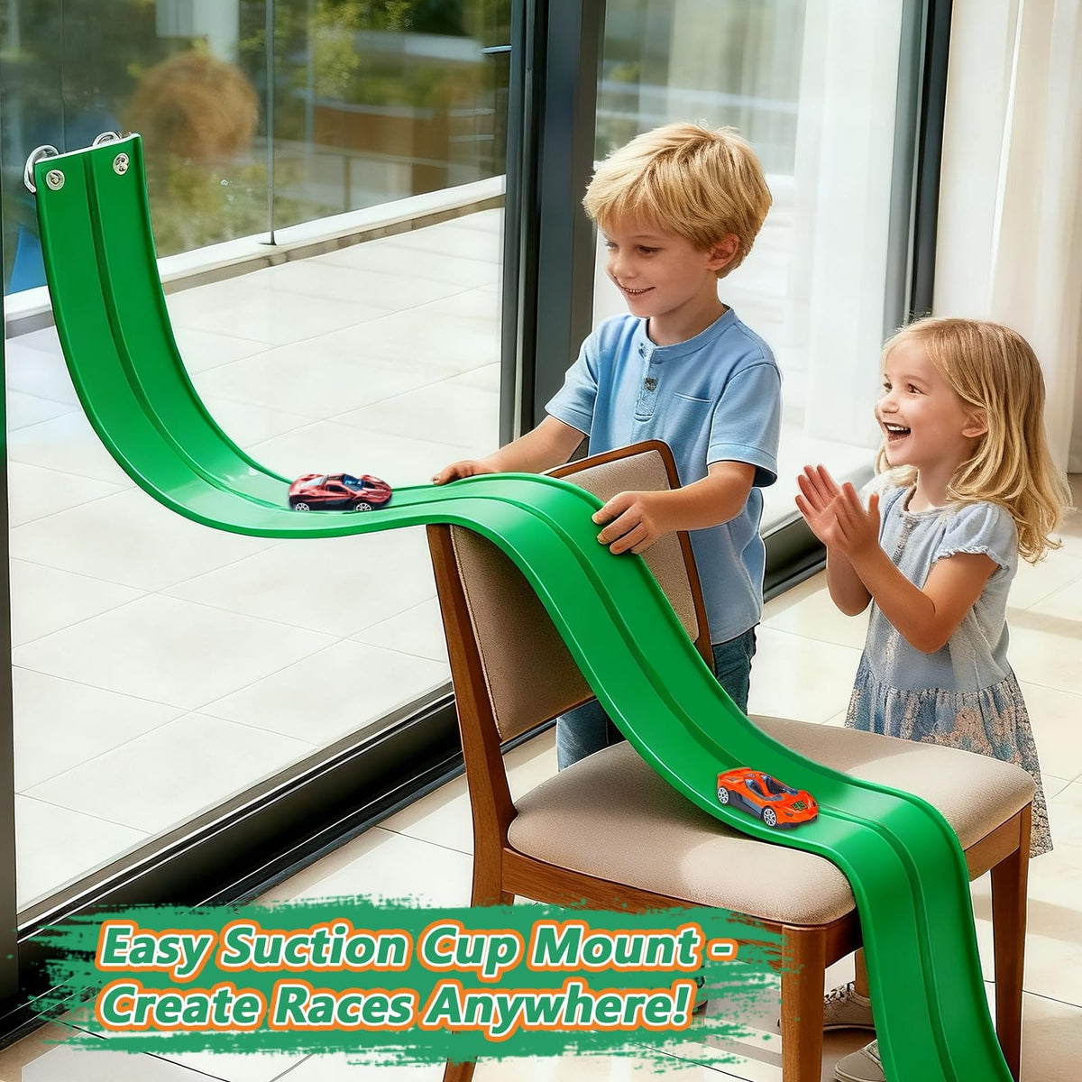 FALDAA Flextrack suction cups mounted on a wall for elevated racing