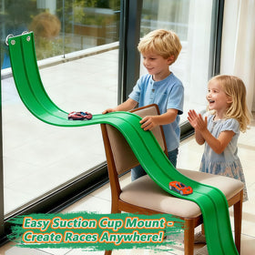 FALDAA Flextrack suction cups mounted on a wall for elevated racing