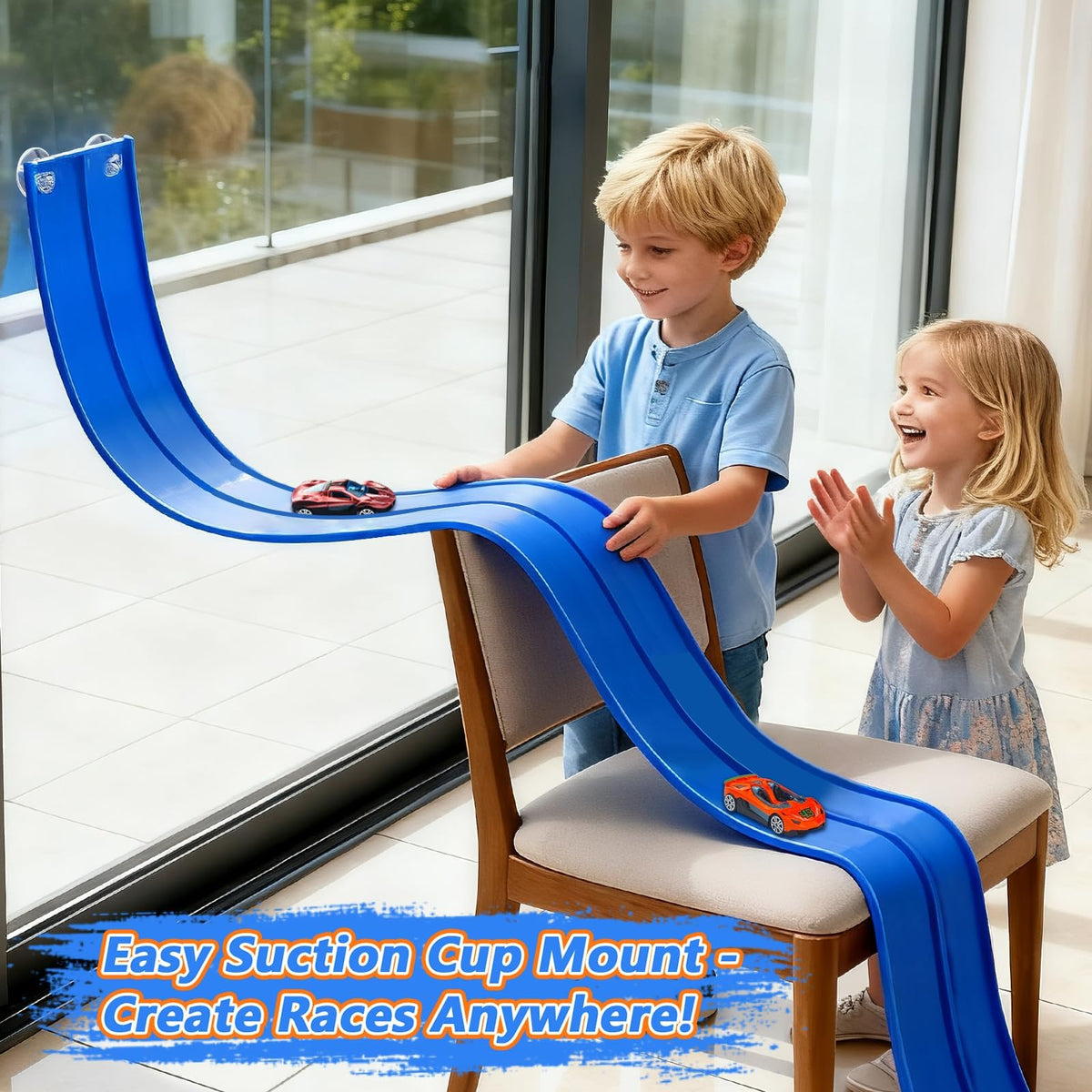 FALDAA suction cups mounted on a wall enable vertical race layouts.