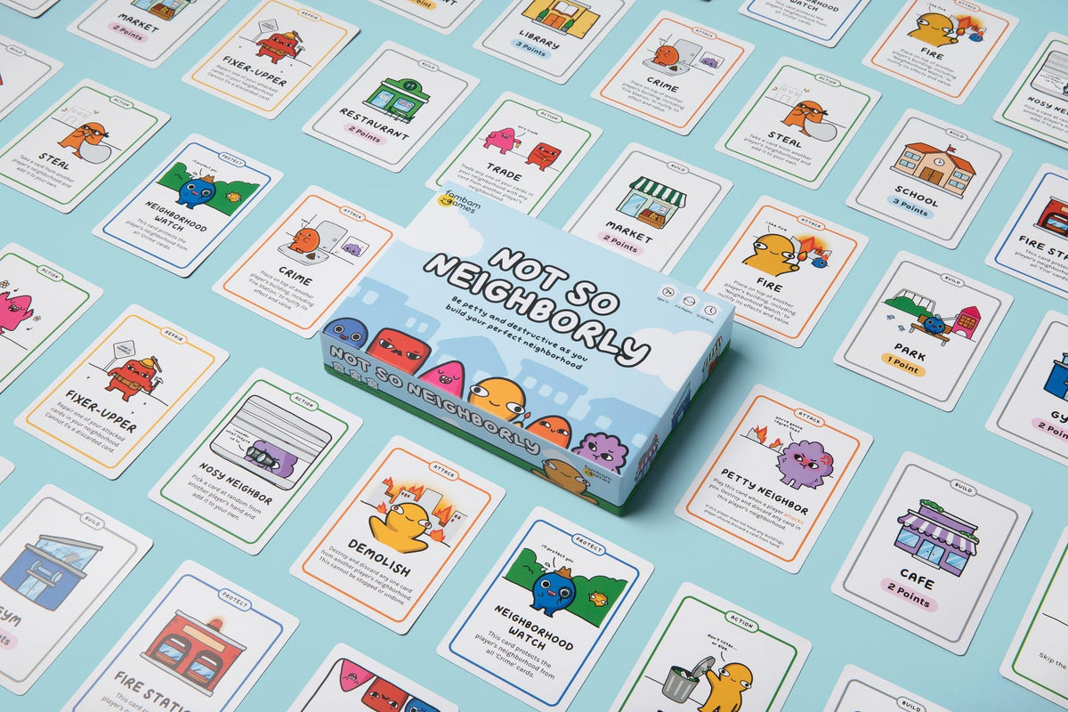 Fambam Games Not So Neighborly Build cards close-up highlights strategic choices.