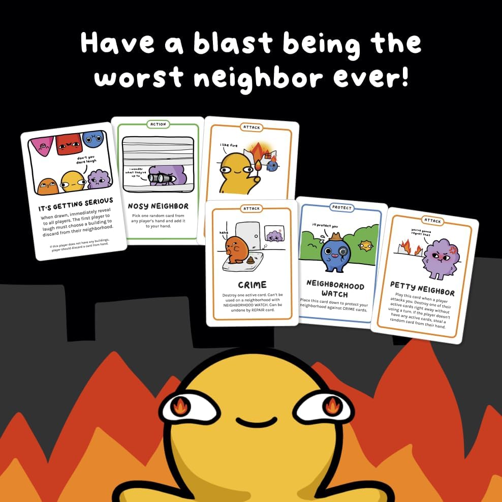 Fambam Games Not So Neighborly card art displays playful chaos and cheeky scenarios.