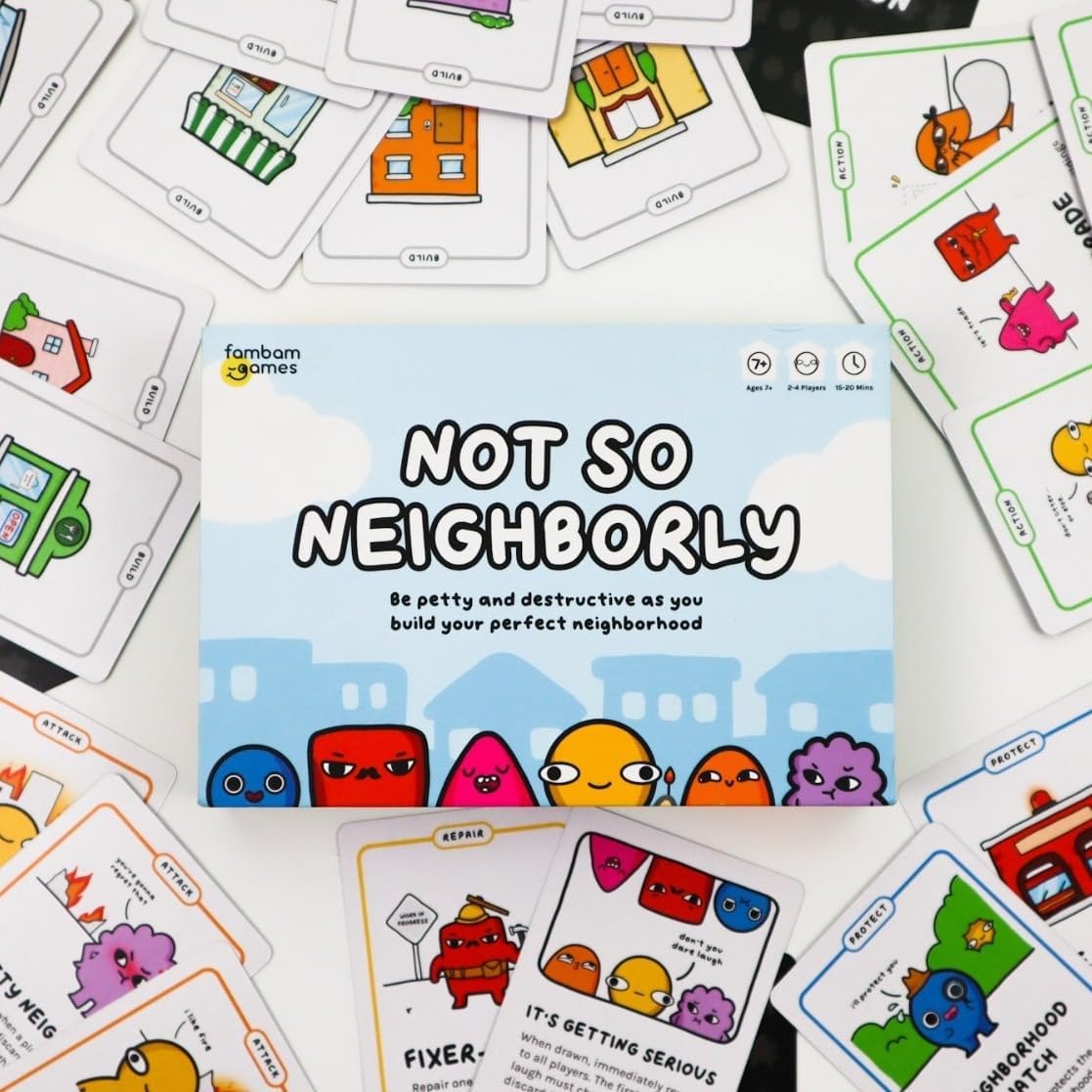 Fambam Games Not So Neighborly travel-friendly box fits bags for trips.
