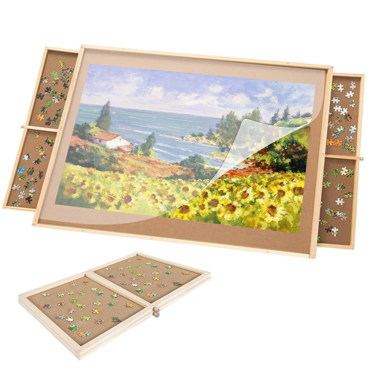 FAMILON puzzle board with drawers keeps puzzle pieces organized during assembly.