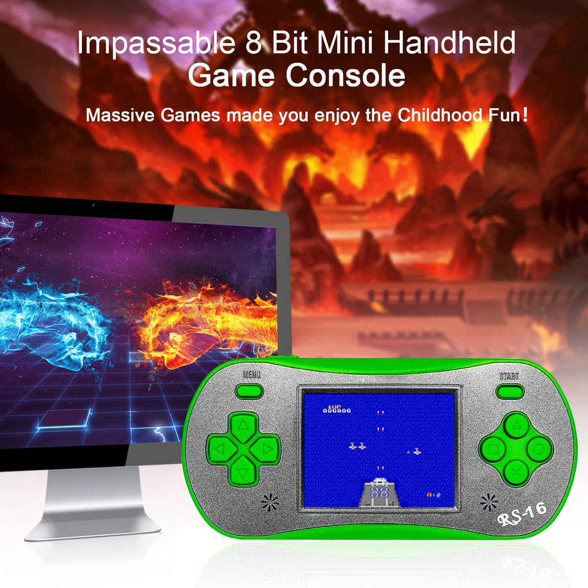 FAMILY POCKET RS16 features 260 built-in games for diverse play sessions.