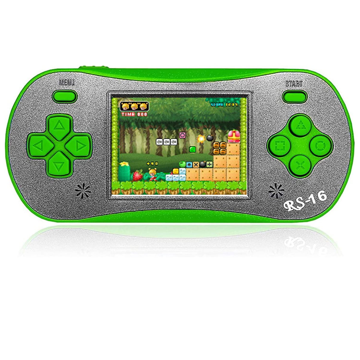 FAMILY POCKET RS16 handheld green front view, ideal for portable arcade fun on the go.