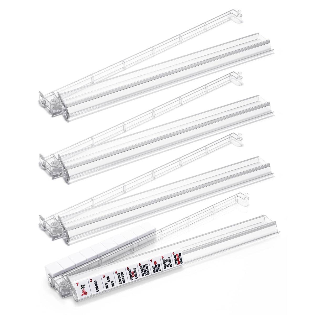 FamRica clear acrylic mahjong racks with pushers, four-pack for organized gameplay