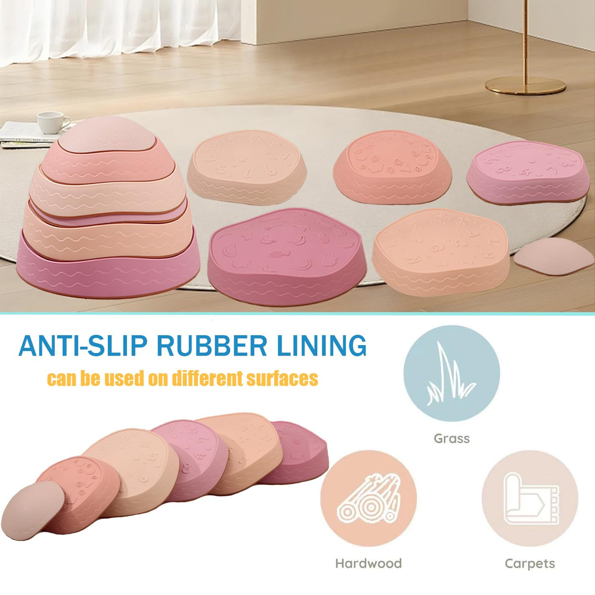 Fanboxk stepping stones feature a non-slip bottom for safer indoor play.