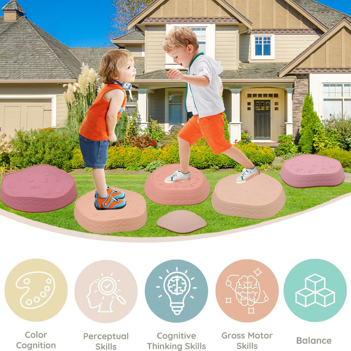 Fanboxk stepping stones with textured surfaces for tactile exploration during games.