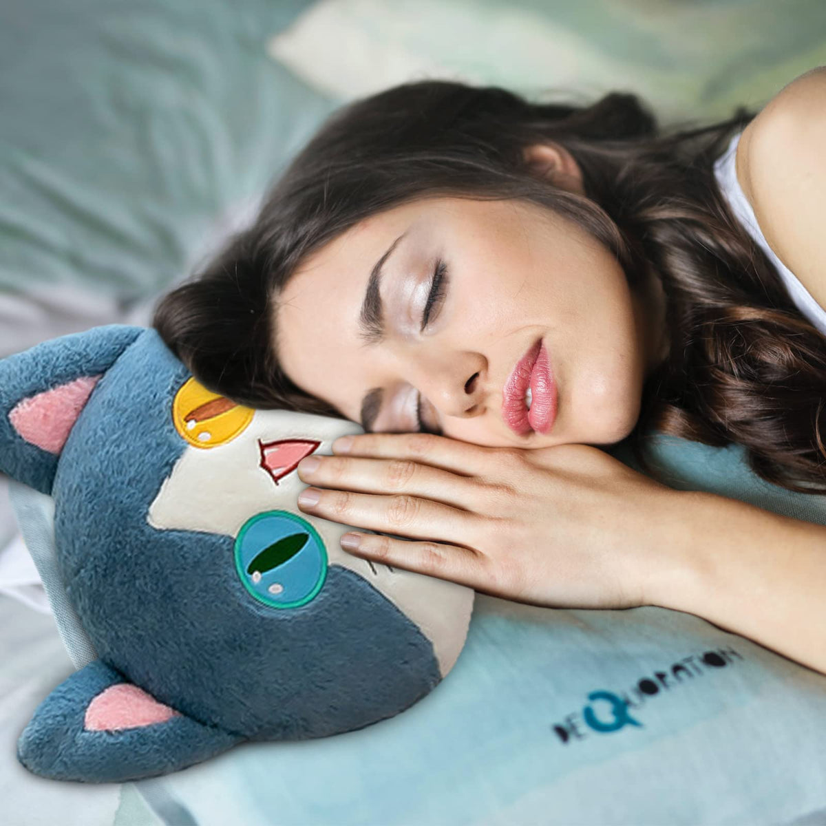 FANGYU shark cat pillow with soft plush fabric for relaxation.