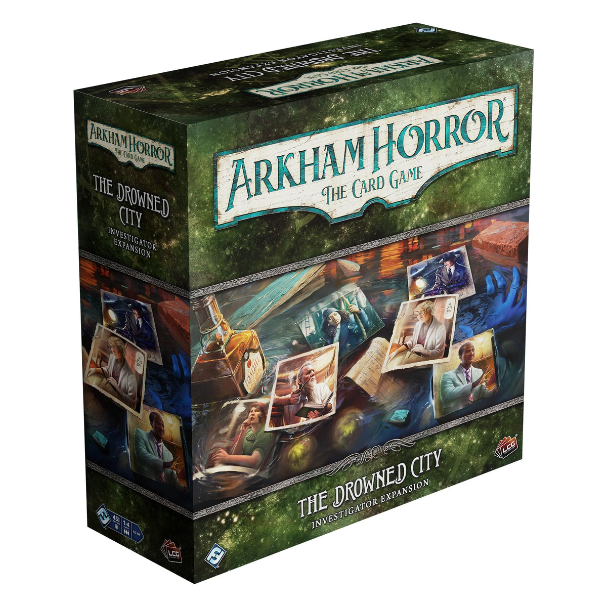 Fantasy Flight Games Arkham Horror: The Drowned City expansion with six new investigators for cooperative play.