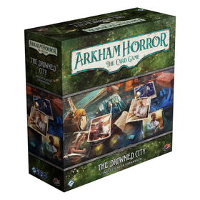 Fantasy Flight Games Arkham Horror: The Drowned City expansion with six new investigators for cooperative play.
