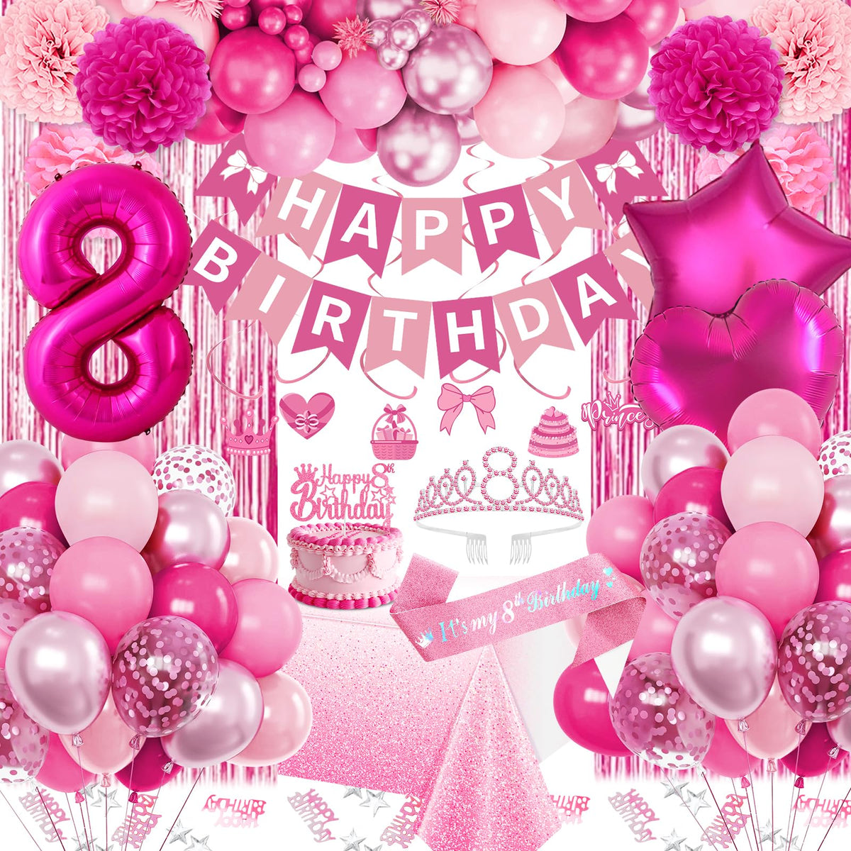 Fantspati 8th birthday balloons pink mix decorate walls and ceilings for a festive backdrop