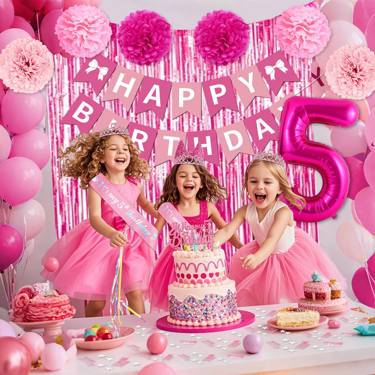 Fantspati pink fringe curtain adds sparkle and backdrop