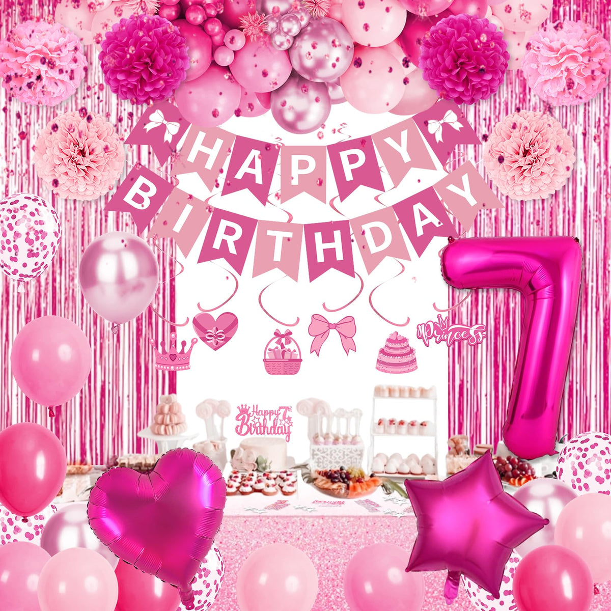 Fantspati ombre pink tablecloth anchors the dessert table and protects surfaces.