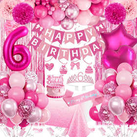 Fantspati pink 6th birthday balloons set creates a vibrant party backdrop.
