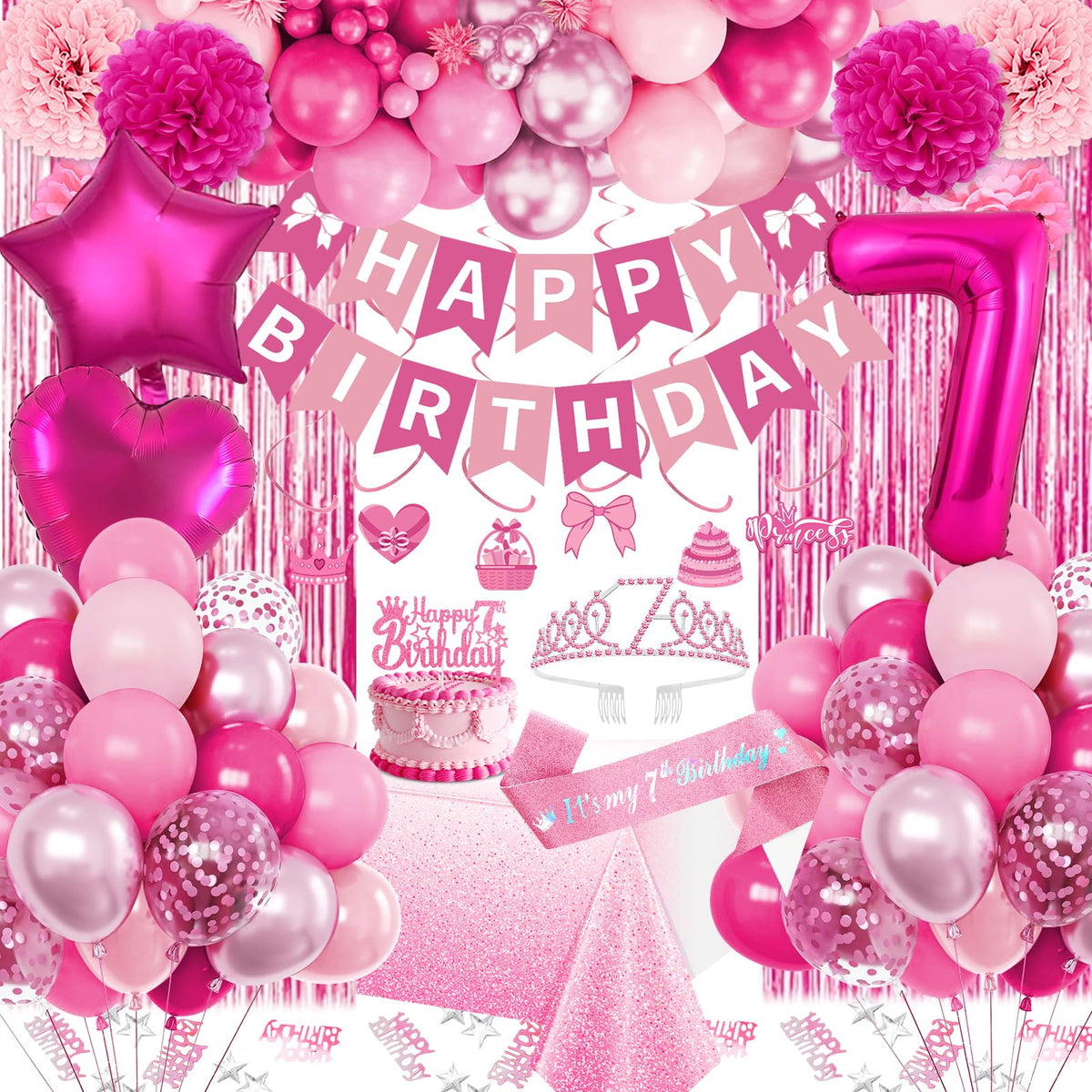 Fantspati pink 7th birthday balloon number used as milestone centerpiece.