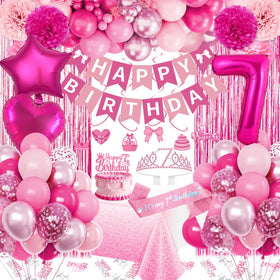 Fantspati pink 7th birthday balloon number used as milestone centerpiece.