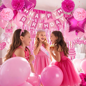 Fantspati pink bow banner brightens the party space for photos