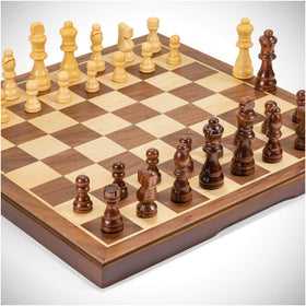 FanVince walnut chess board open with pieces ready for play