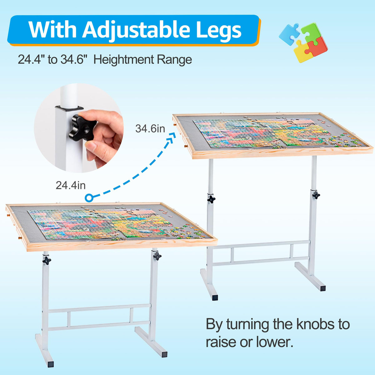 Fanwer puzzle table height adjustment aids ergonomic seating during long puzzles.