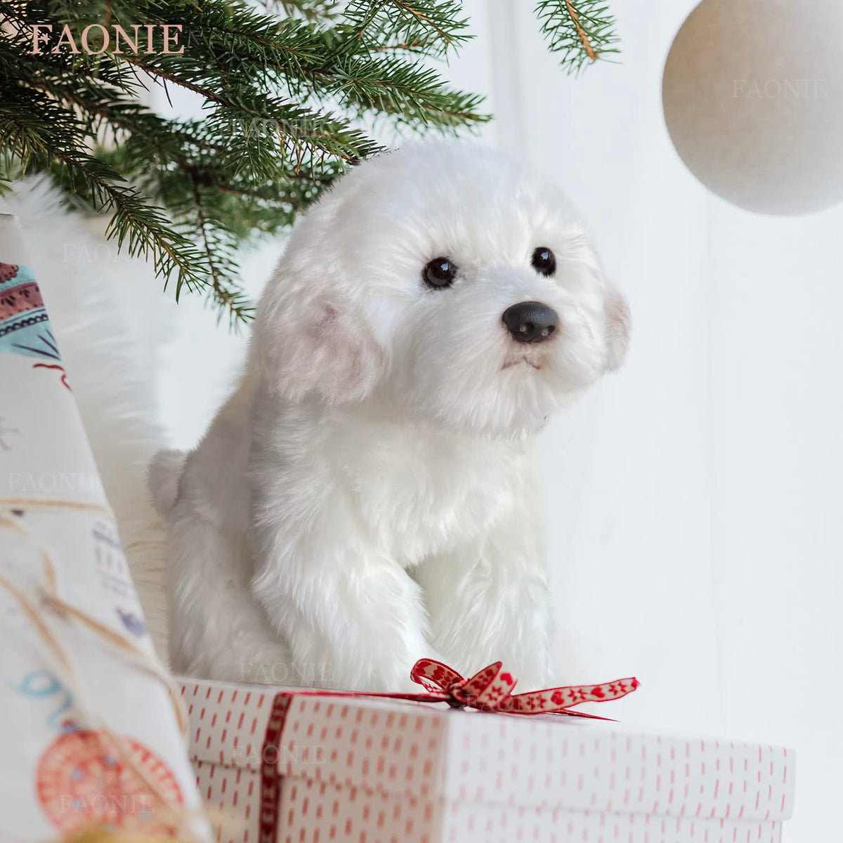 FAONIE Maltese plush care information indicates easy washing and fluff recovery