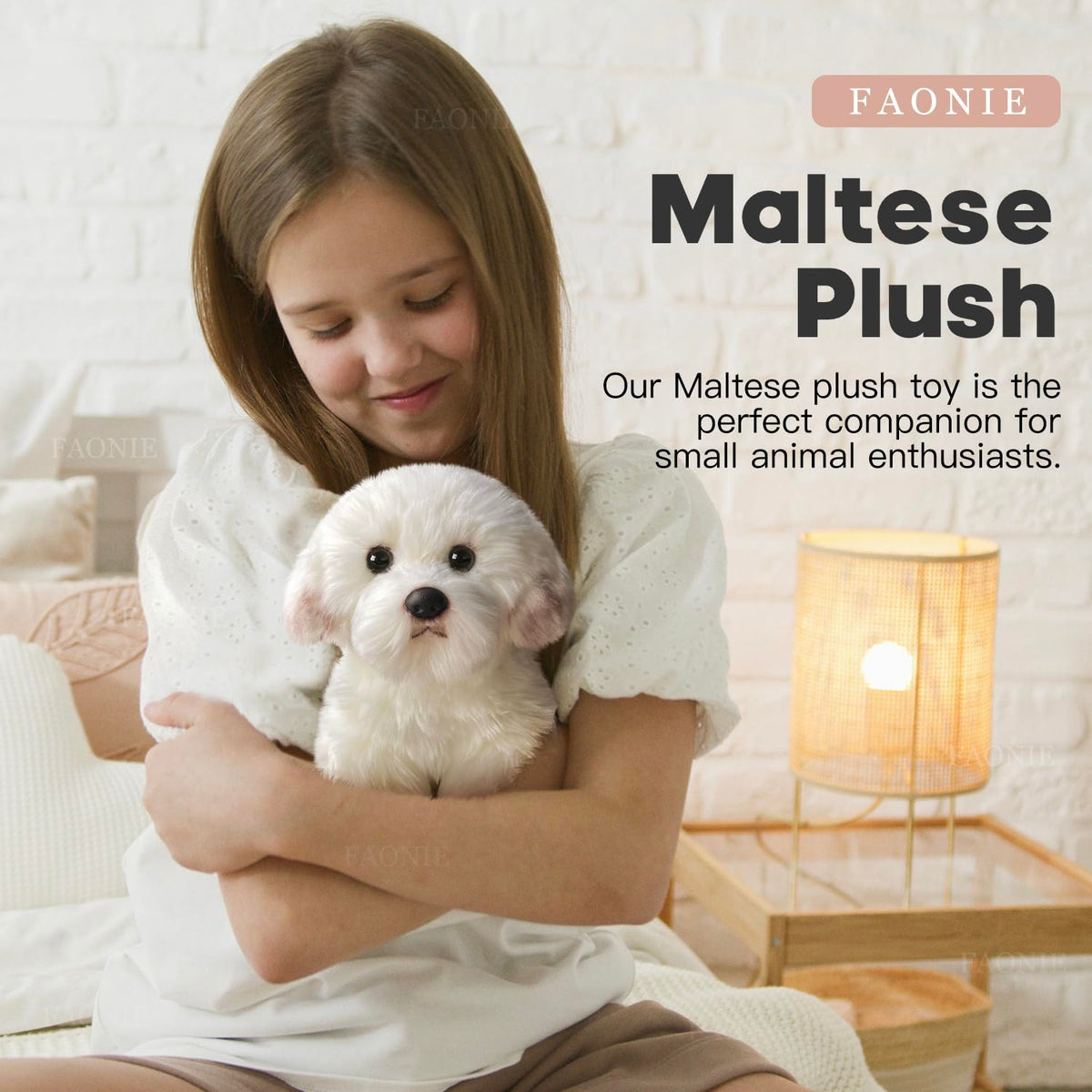 FAONIE Maltese plush with soft fur texture for lifelike touch.