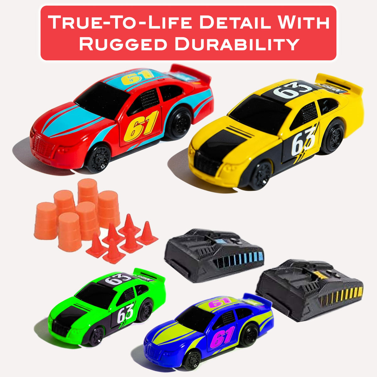 Far Out Toys Winner's Circle stand lets victorious cars spin in celebration.