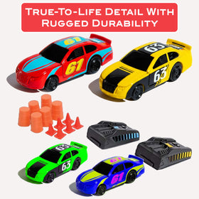 Far Out Toys Winner's Circle stand lets victorious cars spin in celebration.
