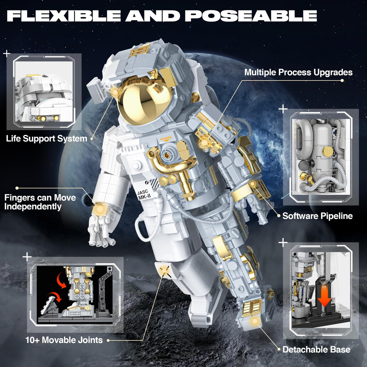 FarBlocked space astronaut ball joint movable parts allow dynamic posing.