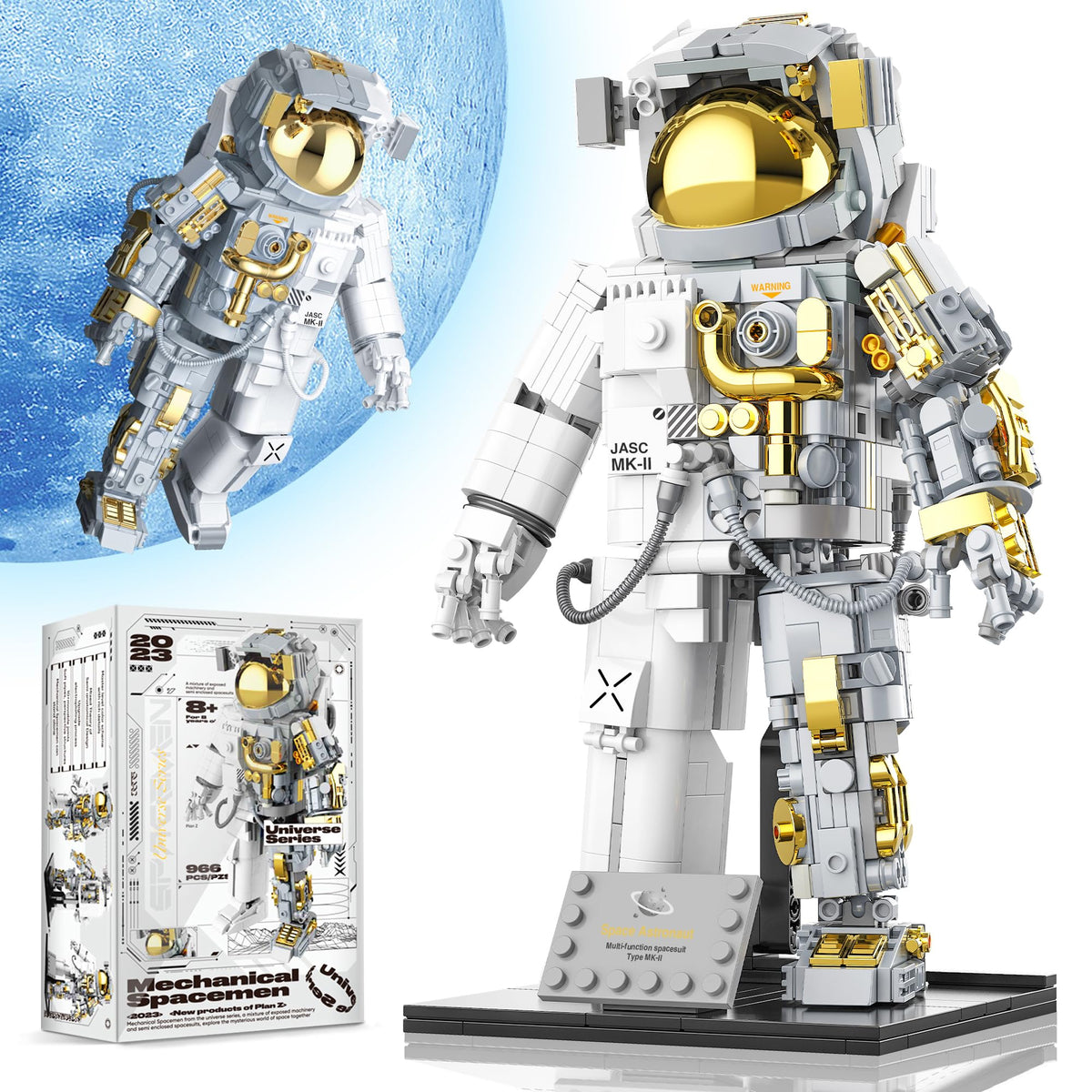 FarBlocked Space Astronaut building block on display stand, ideal for home or office display.