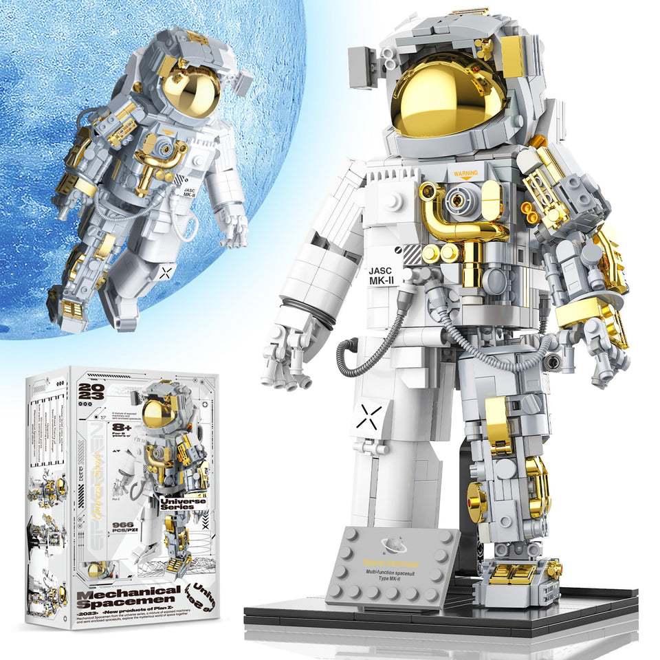 FarBlocked Space Astronaut building block on display stand, ideal for home or office display.