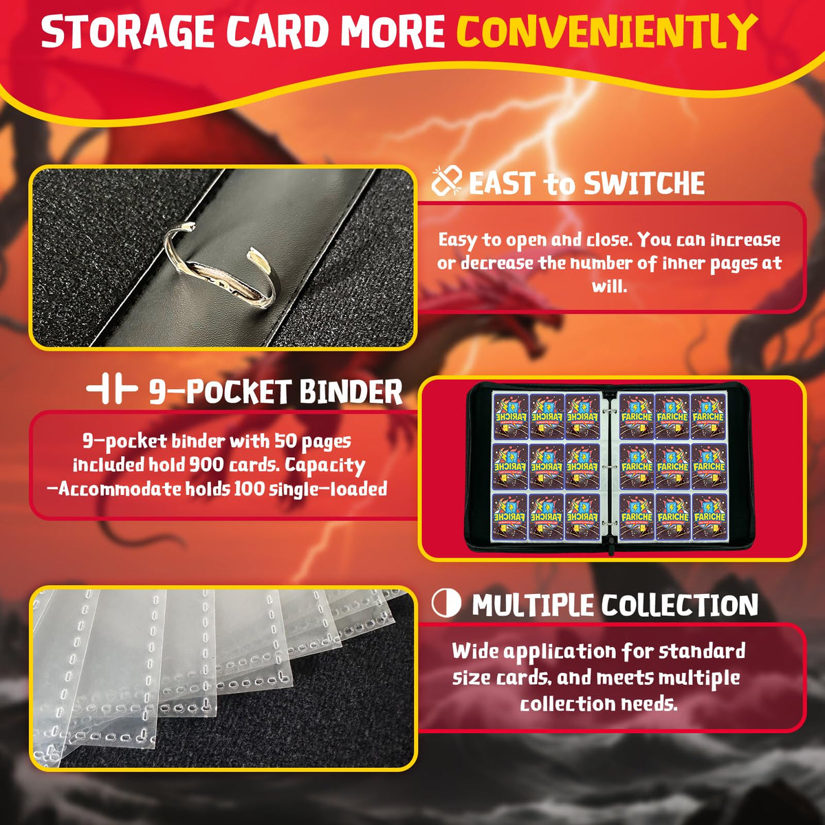 FARICHE trading card binder 900-card capacity, organized storage for large collections.