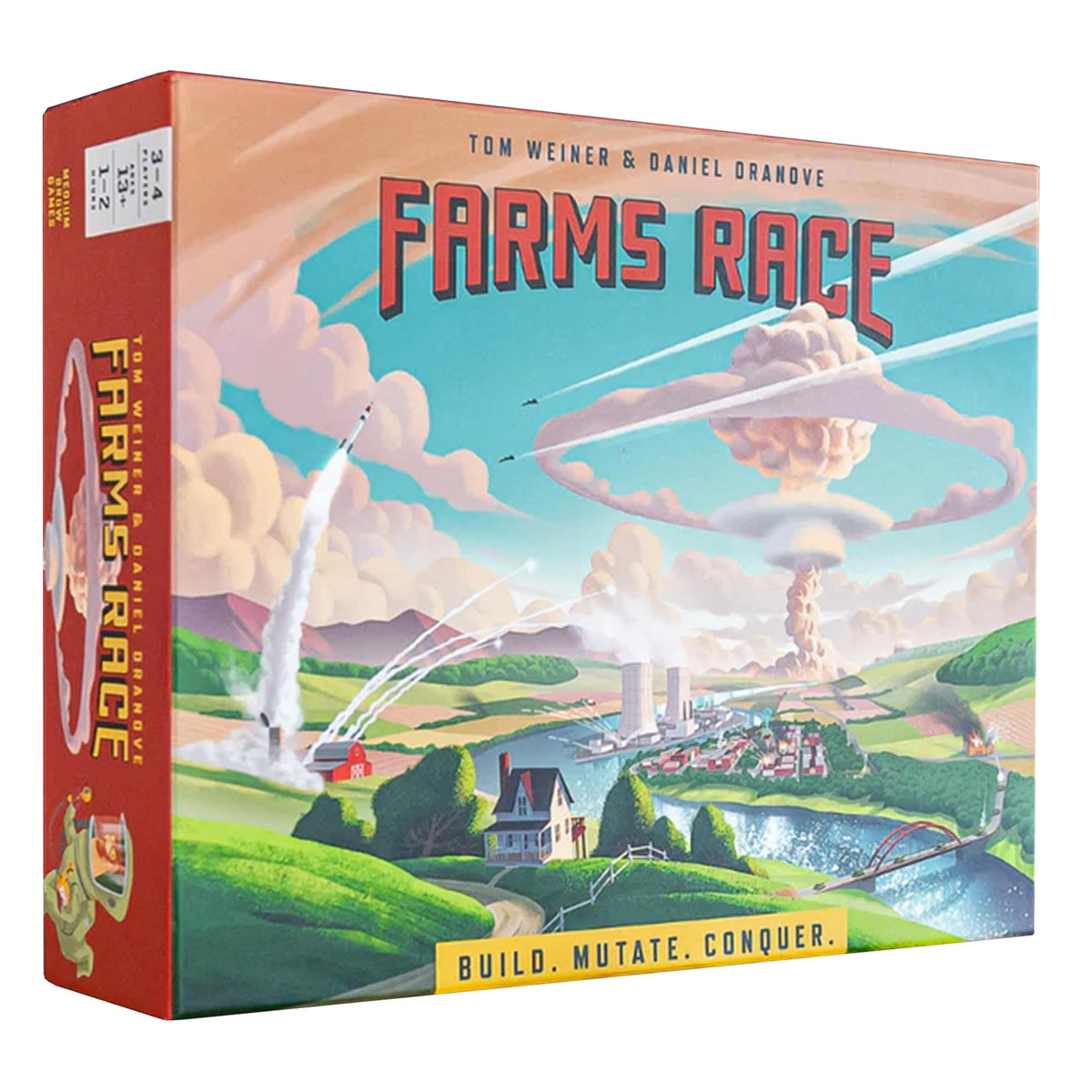 Farms Race standard edition cover, bold title with playful dystopian farm theme for game night
