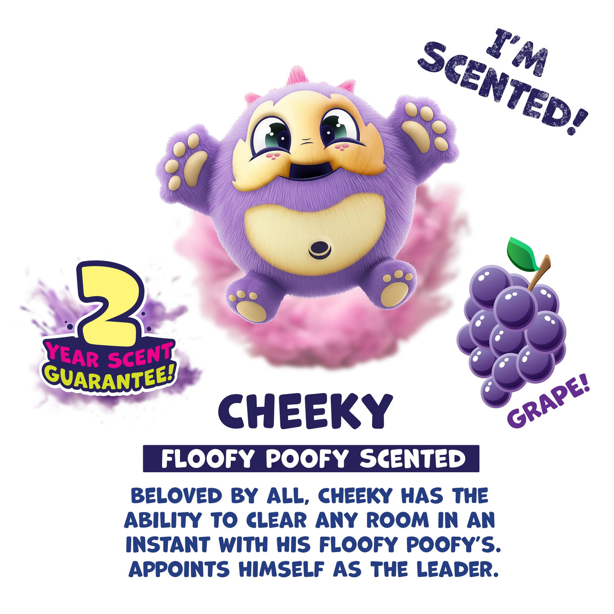 Grape-scented Cheeky plush ready for hugs and giggles without harsh odors