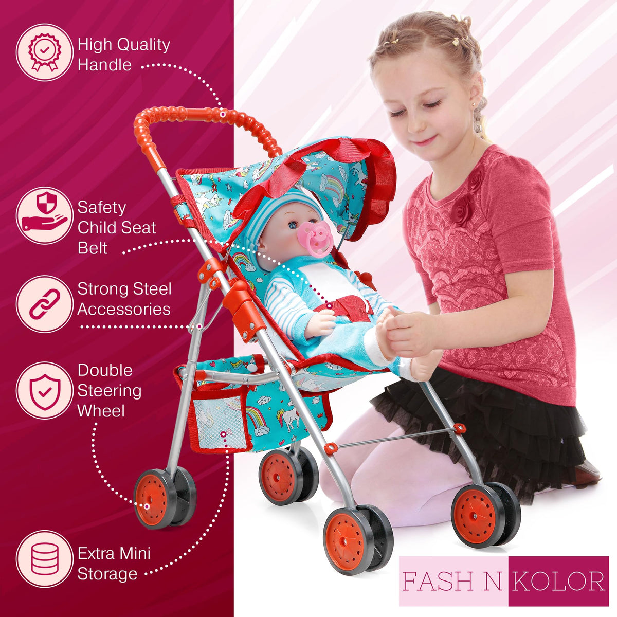 Fash N Kolor stroller fits up to 18-inch dolls for versatile play