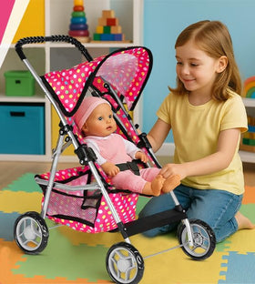 Fash N Kolor doll stroller with bottom basket for easy accessories storage.