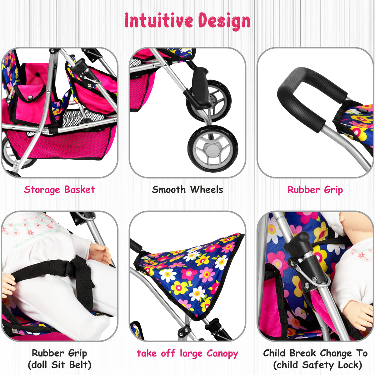 Fash n Kolor Doll Stroller swivel wheels for smooth mobility.