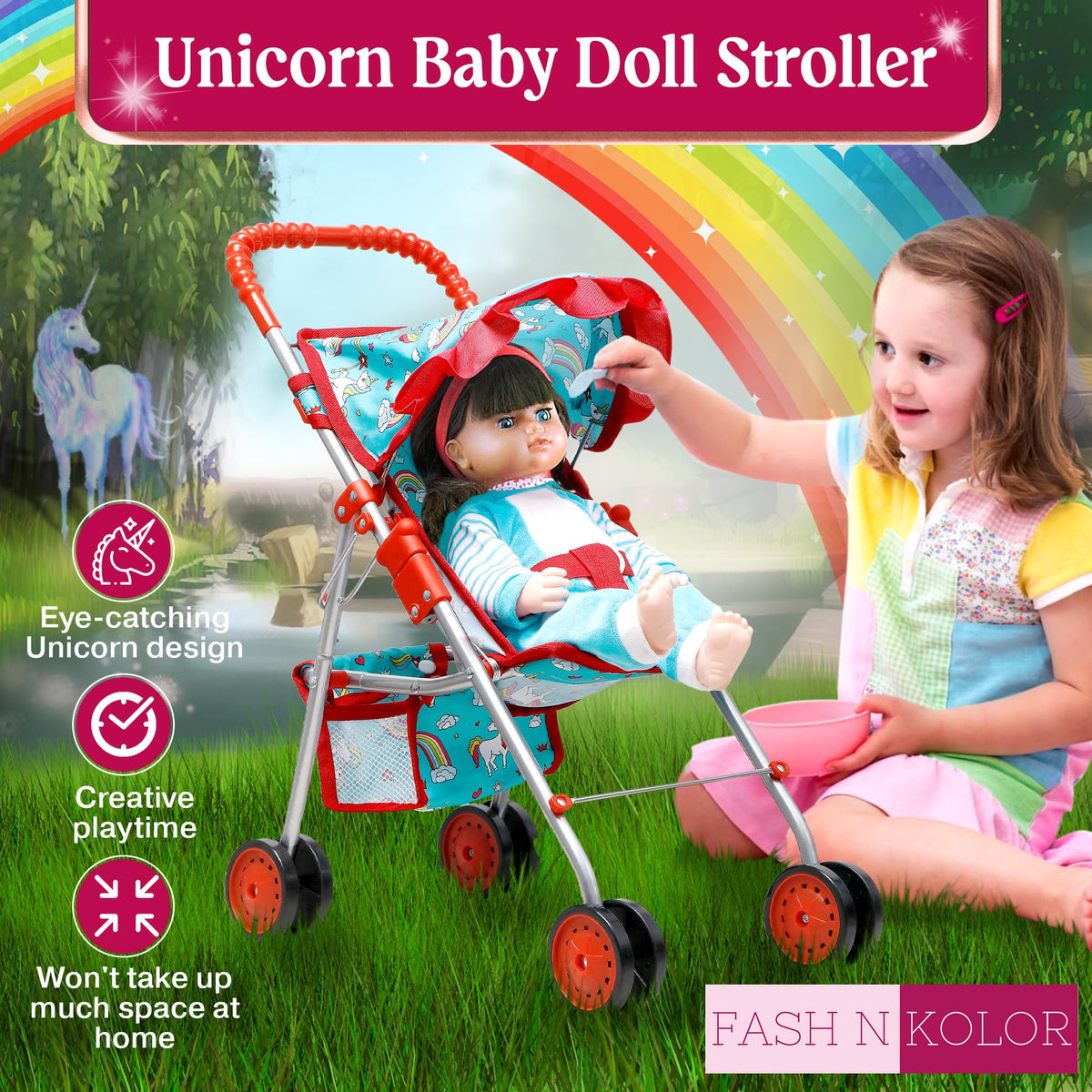 Fash N Kolor folded stroller storage is compact for quick tidy-up