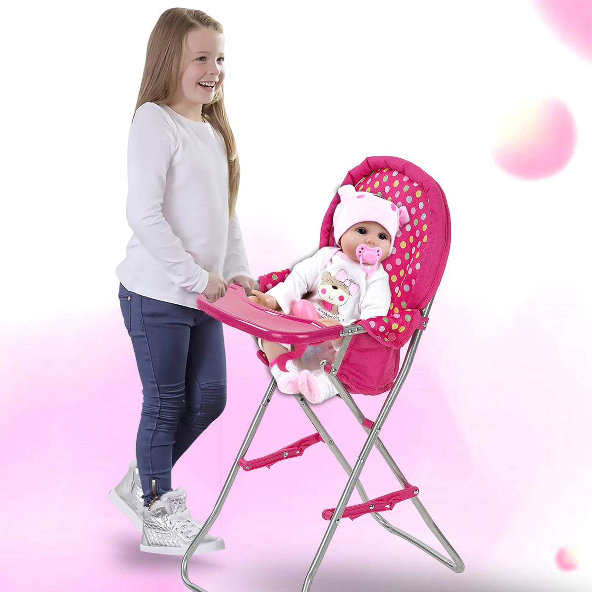 Fash N Kolor multicolour polka high chair includes a feeding tray for dolls
