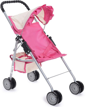 Fash N Kolor My First Doll Stroller with Basket in pink off-white for pretend shopping.